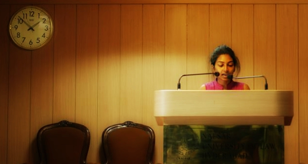 Sneha Vardhani (above, taking the oath of office) became the first President of the NALSAR Student Bar Council after the elections for 2014-15. Photo credit: Abhishek Singh